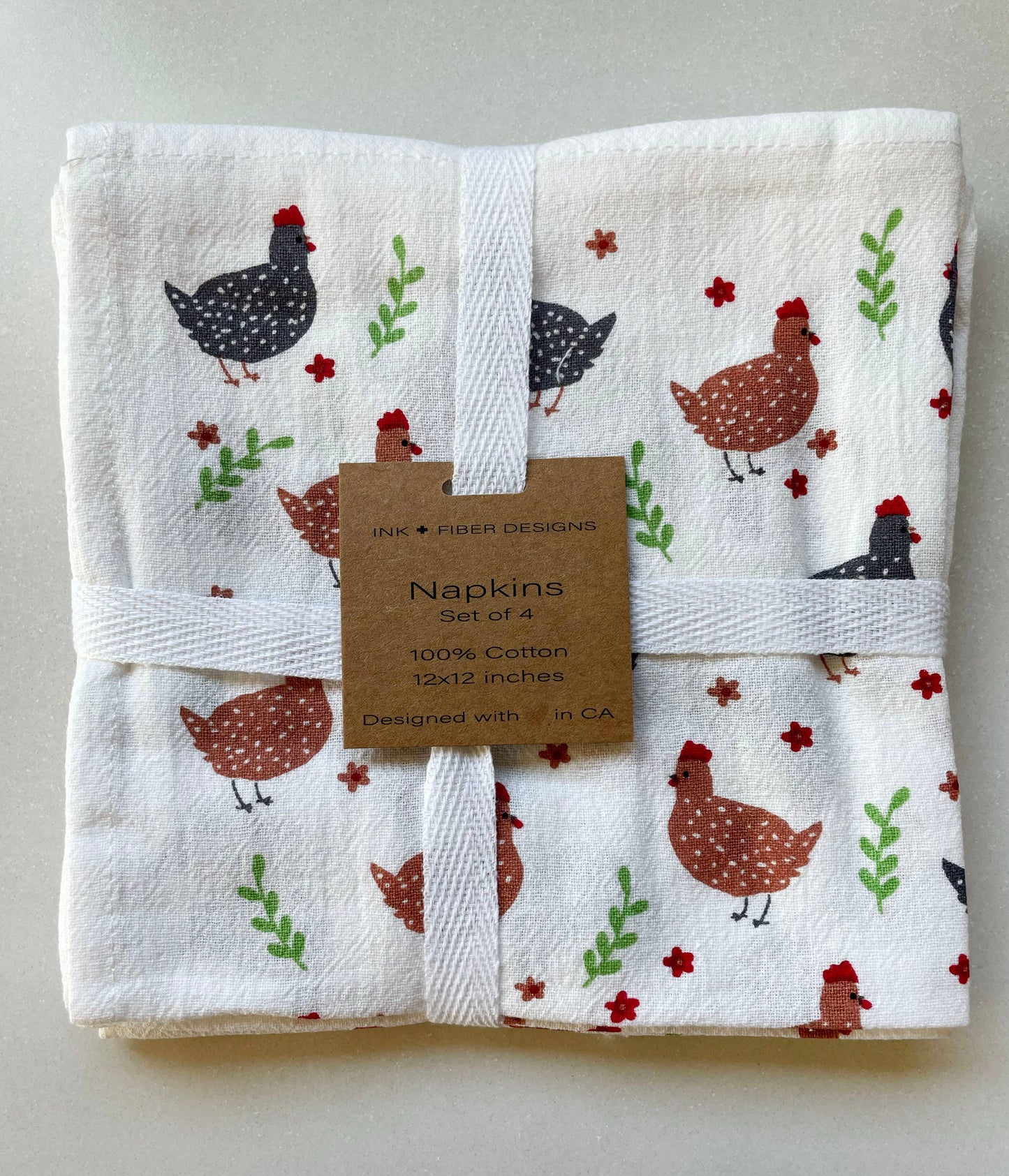 Ink and Fiber Designs - Cotton Cloth Napkins - "Chicken" - 4/set