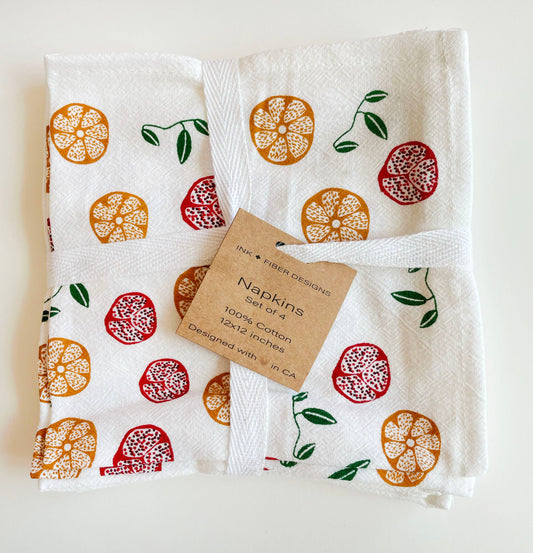 Ink and Fiber Designs - Cotton Cloth Napkins - "Pomegranate & Orange" - 4/set
