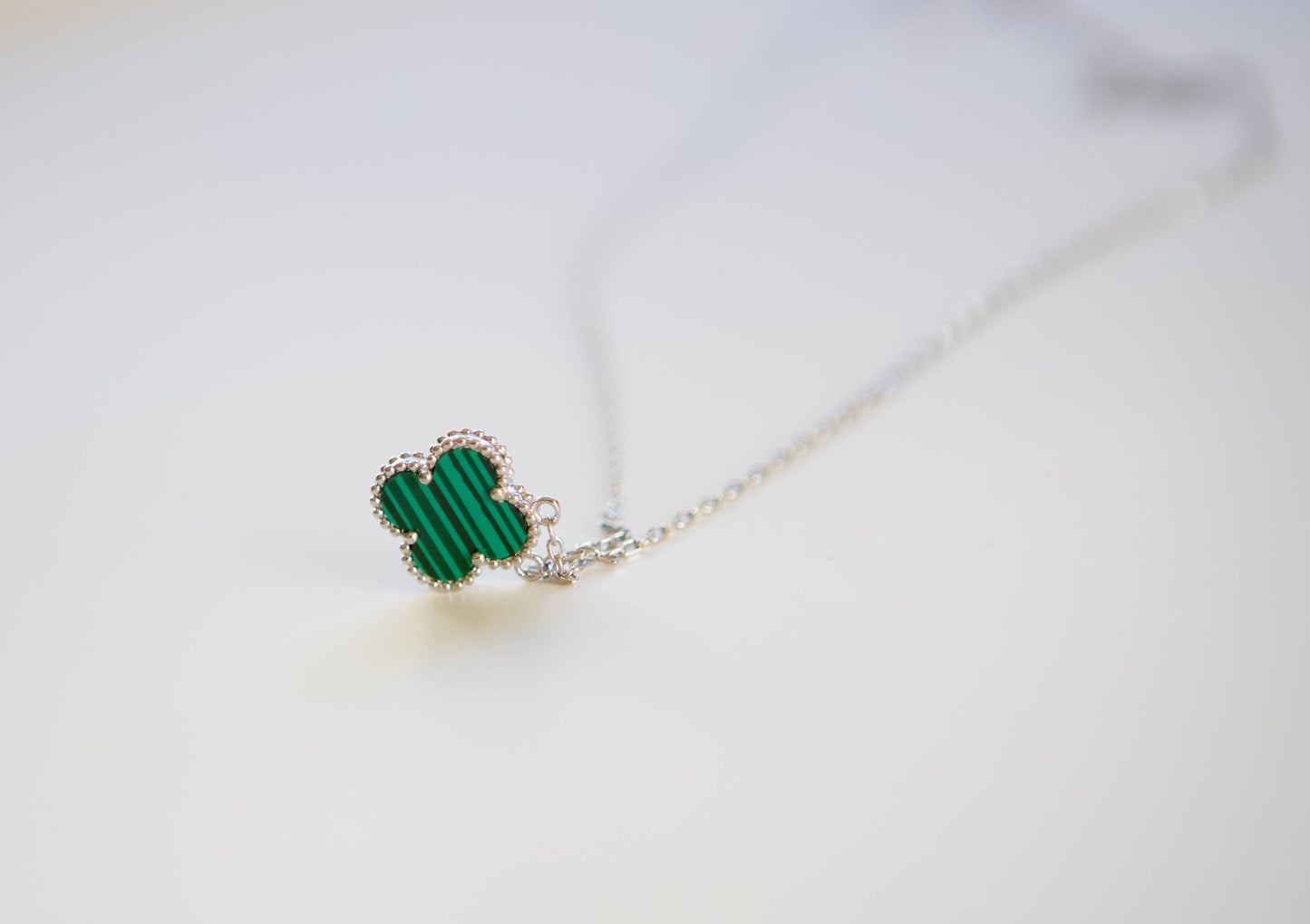 Creations by Kristel - Malachite Clover Pendant Silver Necklace